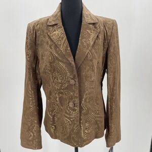 Pamela McCoy Brown Genuine Leather‎ Gold Paisley Foil Blazer Jacket Womens M NWT